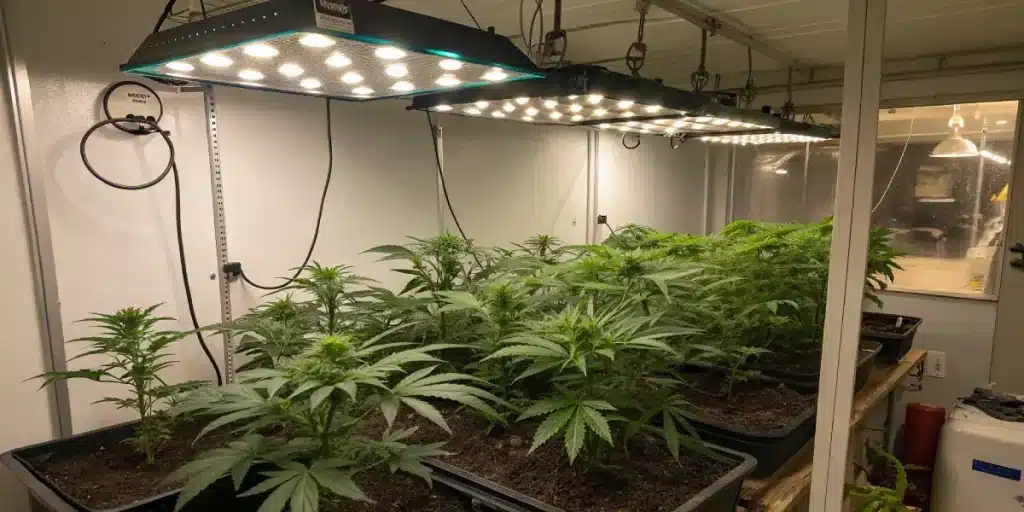Plantes de cannabis cultivées en intérieur sous lampes LED suspendues.