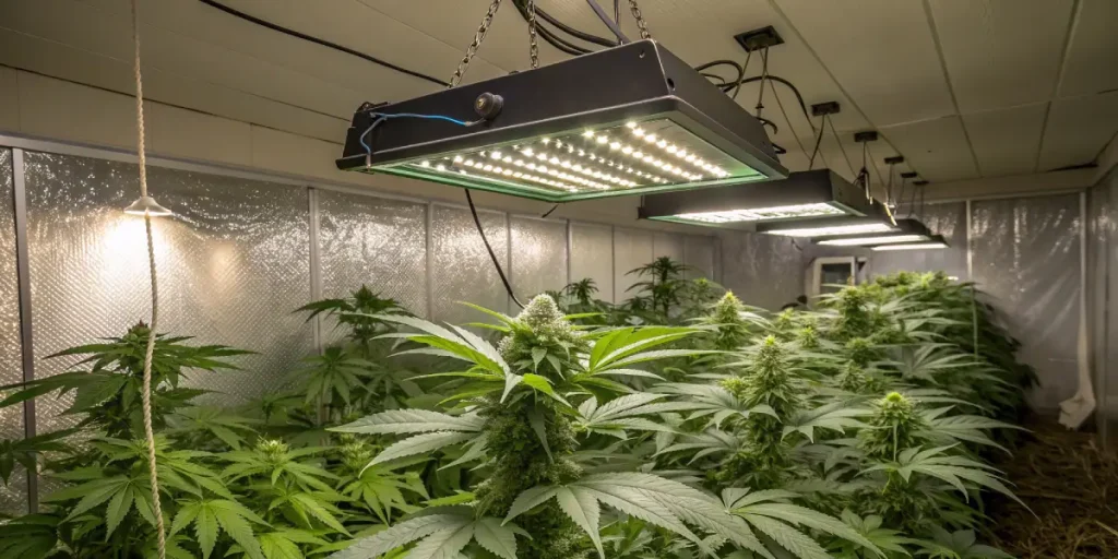 Culture de cannabis en intérieur sous lampes LED en phase de floraison.