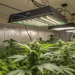 Culture de cannabis en intérieur sous lampes LED en phase de floraison.