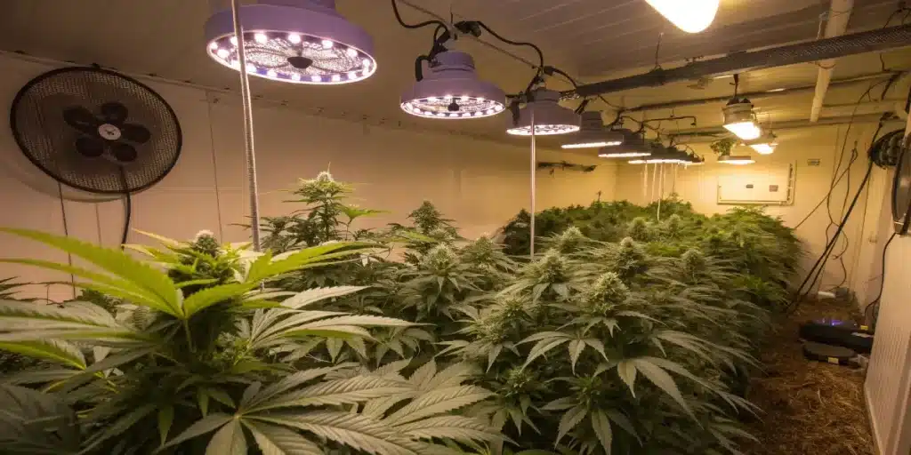 Salle de culture de cannabis en intérieur sous lampes LED horticoles.