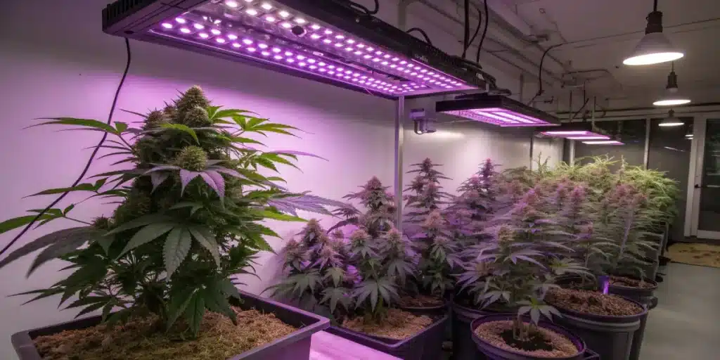Plantes de cannabis cultivées en intérieur sous lampes LED horticoles.