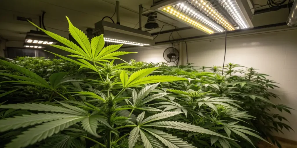 Culture de cannabis en intérieur sous lampes LED horticoles.