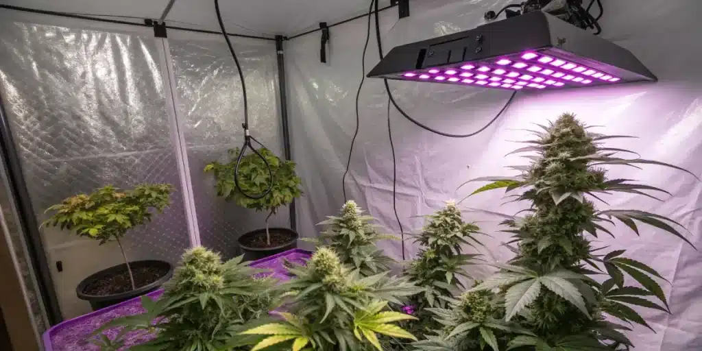 Culture de cannabis en intérieur sous lampe LED dans une tente de culture