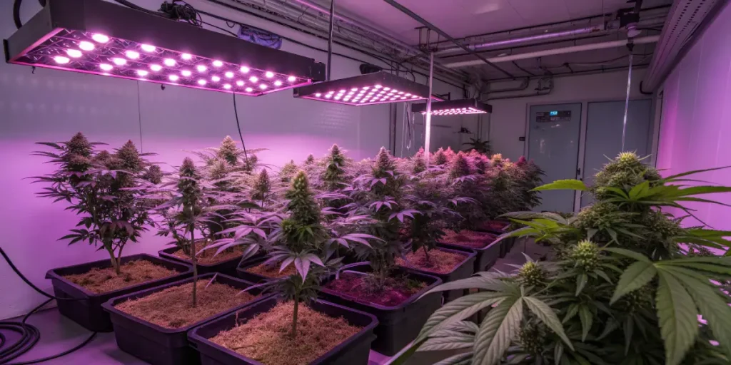 Culture de cannabis en intérieur sous lampes LED violettes.