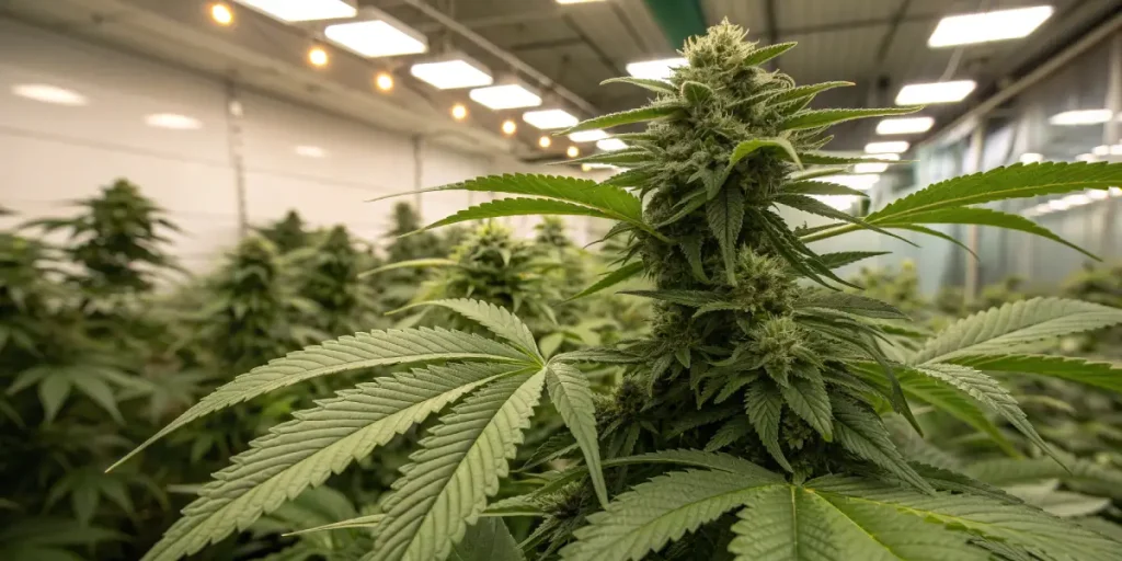 Culture de cannabis en intérieur avec plantes en floraison sous lampes horticoles.