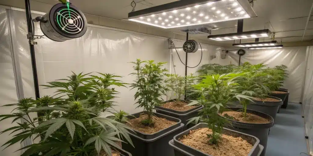 Salle de culture de cannabis en intérieur avec lampes LED et ventilateurs.