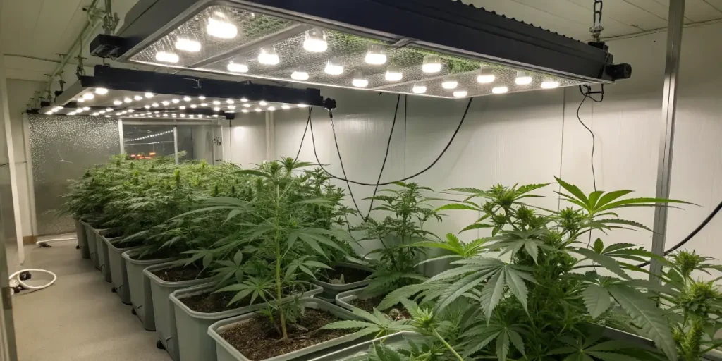 Rangées de plantes de cannabis cultivées en intérieur sous éclairage LED.