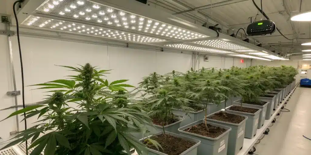 Grande installation de culture de cannabis en intérieur sous éclairage LED.