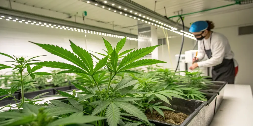technicien surveillant des plants de cannabis en culture intérieure