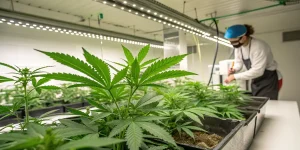 technicien surveillant des plants de cannabis en culture intérieure