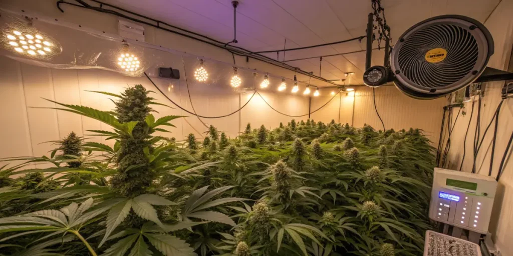 Installation de culture de cannabis en intérieur avec éclairage et ventilation.