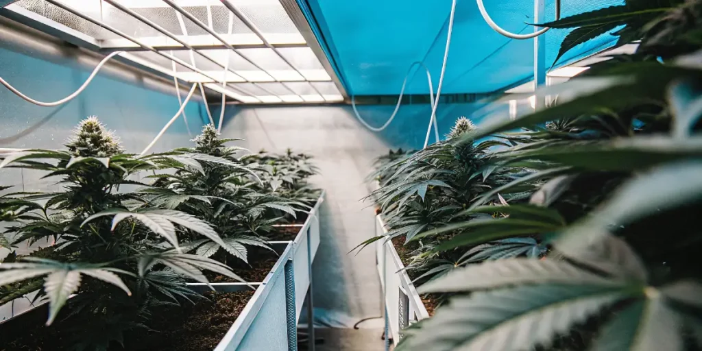 Culture de cannabis en intérieur avec système hydroponique et rangées de plantes