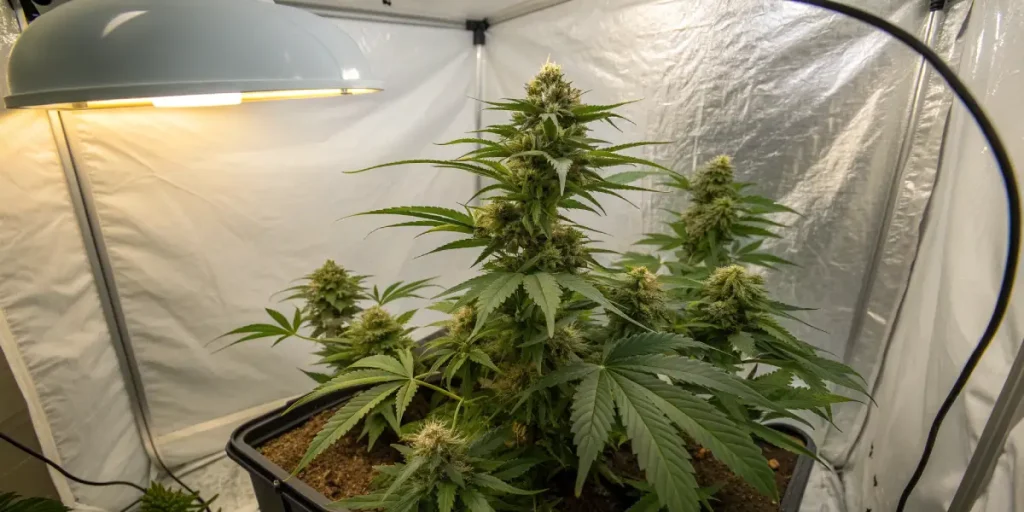 Culture de cannabis en intérieur sous lampe horticole dans une tente.