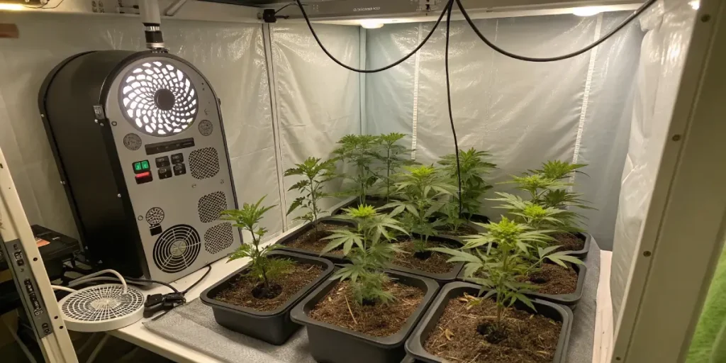 Plantes de cannabis cultivées dans une tente de culture avec système climatique.