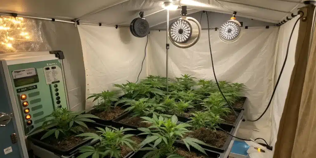 Tente de culture de cannabis avec ventilation et lampes horticoles.