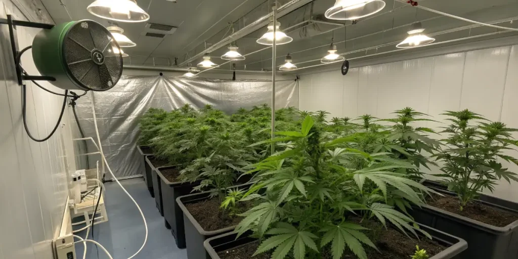 Salle de culture de cannabis avec ventilation et éclairage horticole.