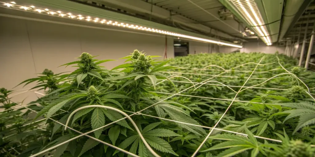 Culture de cannabis en intérieur avec technique SCROG sous lampes LED.