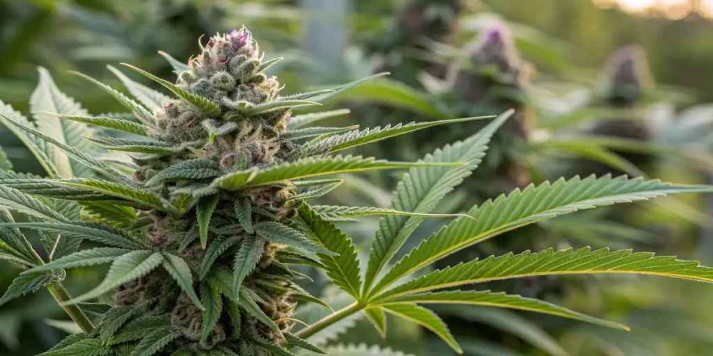 Gros plan d’une fleur de cannabis en extérieur avec trichomes.