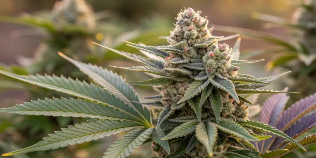 Gros plan d’une fleur de cannabis mature avec trichomes résineux.