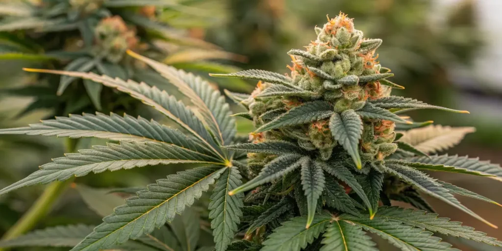 Gros plan d’une fleur de cannabis en extérieur avec trichomes et pistils.