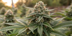 Gros plan d’une fleur de cannabis en extérieur couverte de trichomes.