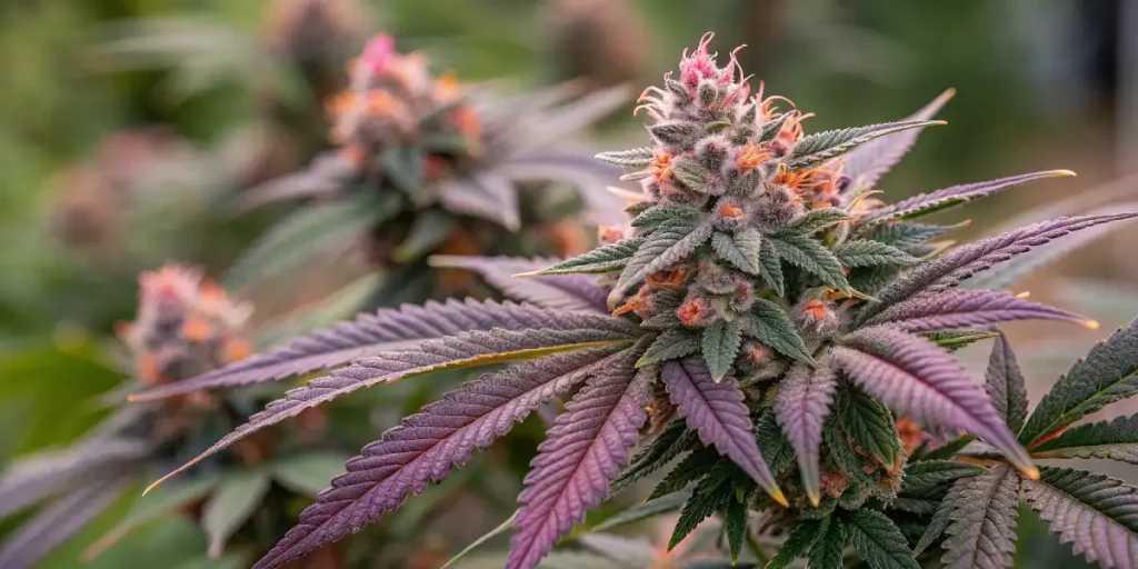 Fleur de cannabis avec feuilles violettes et pistils orange en gros plan.