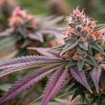 Fleur de cannabis avec feuilles violettes et pistils orange en gros plan.