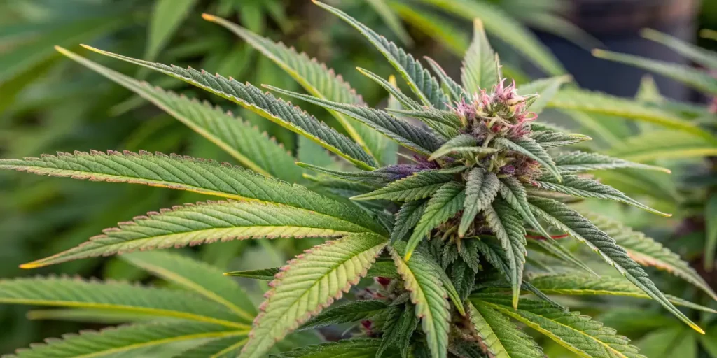 Gros plan d’une fleur de cannabis avec feuilles vertes et pistils roses.