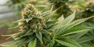 Gros plan d’une fleur de cannabis avec trichomes et pistils orange.