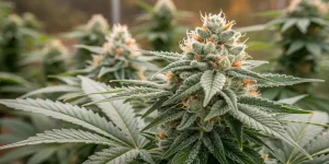 Gros plan d’une fleur de cannabis couverte de trichomes et pistils orange.