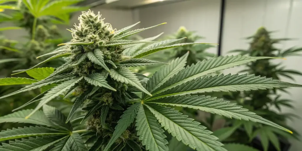 Gros plan d’une fleur de cannabis couverte de trichomes résineux.