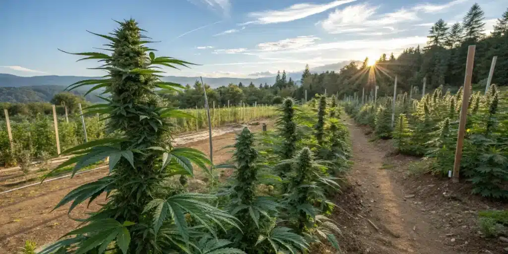 Gros plan d’une fleur de cannabis cultivée en intérieur sous lumière artificielle.