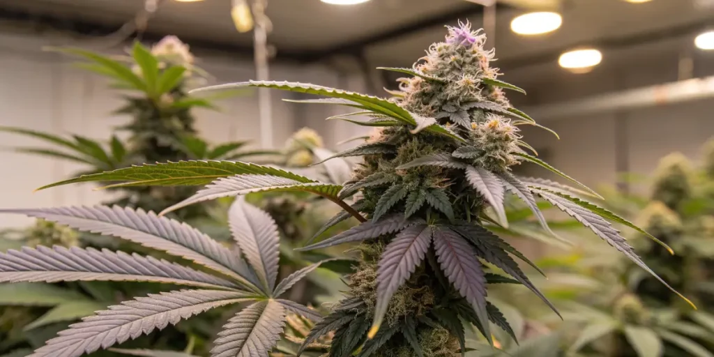 Fleur de cannabis en intérieur avec feuilles violettes et trichomes.