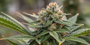 Gros plan d’une fleur de cannabis mature couverte de trichomes.