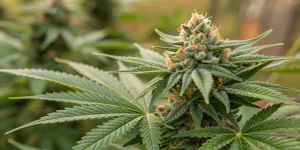 Gros plan d’une fleur de cannabis mature avec pistils orange et trichomes.