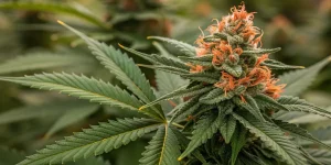 Gros plan d’une fleur de cannabis avec pistils orange et trichomes.