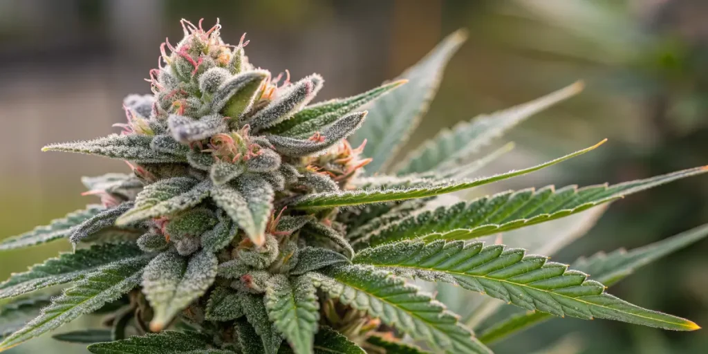 Gros plan d’une fleur de cannabis couverte de trichomes résineux.