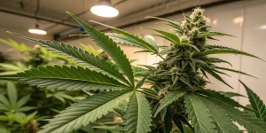Champ de cannabis cultivé en extérieur au coucher du soleil.