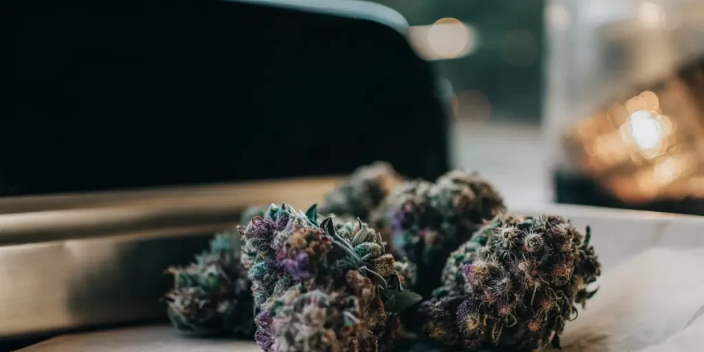 buds de cannabis récoltés posés sur une surface en intérieur