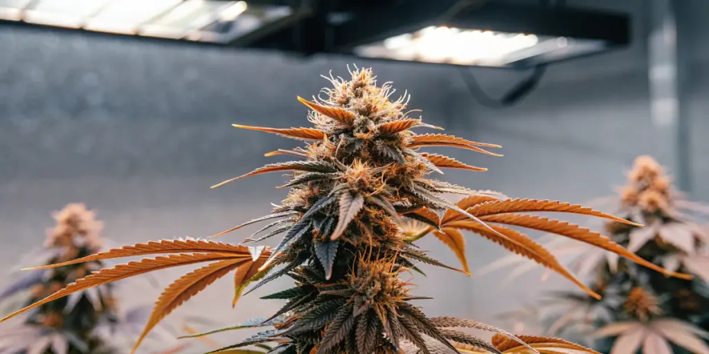 gros plan de tête de cannabis avec pistils orange en intérieur
