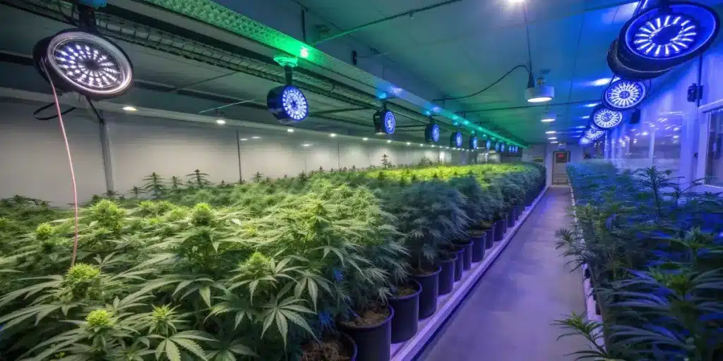 grande installation de culture de cannabis en intérieur avec éclairage LED et rangées de plantes