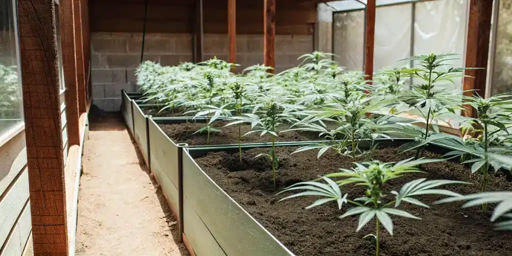 culture de cannabis en bacs de terre dans une serre intérieure