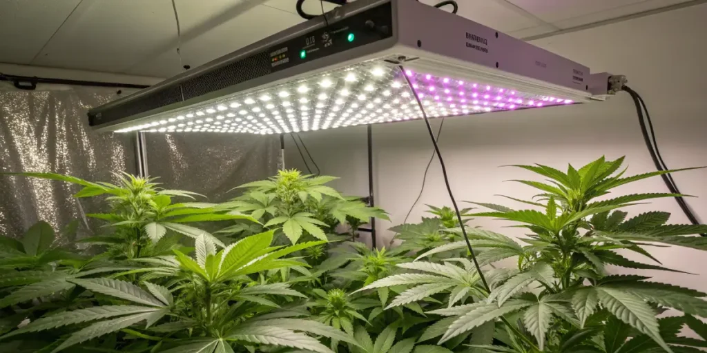 culture de cannabis en intérieur sous éclairage LED avec plantes en croissance