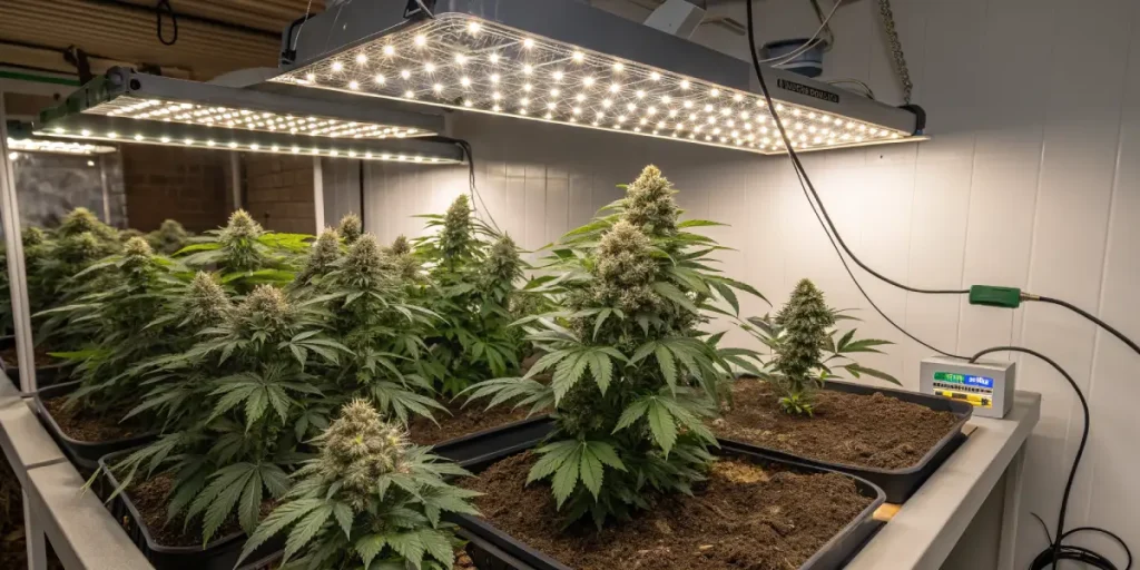 plantes de cannabis en intérieur sous panneau LED avec têtes denses en floraison