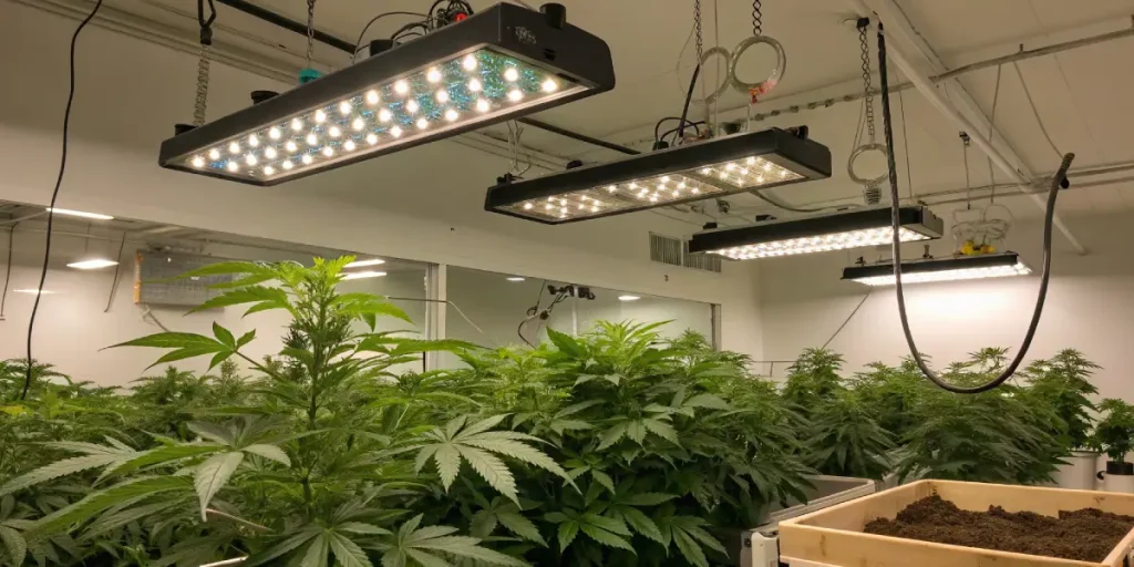 salle de culture de cannabis en intérieur avec éclairage LED et plantes en croissance