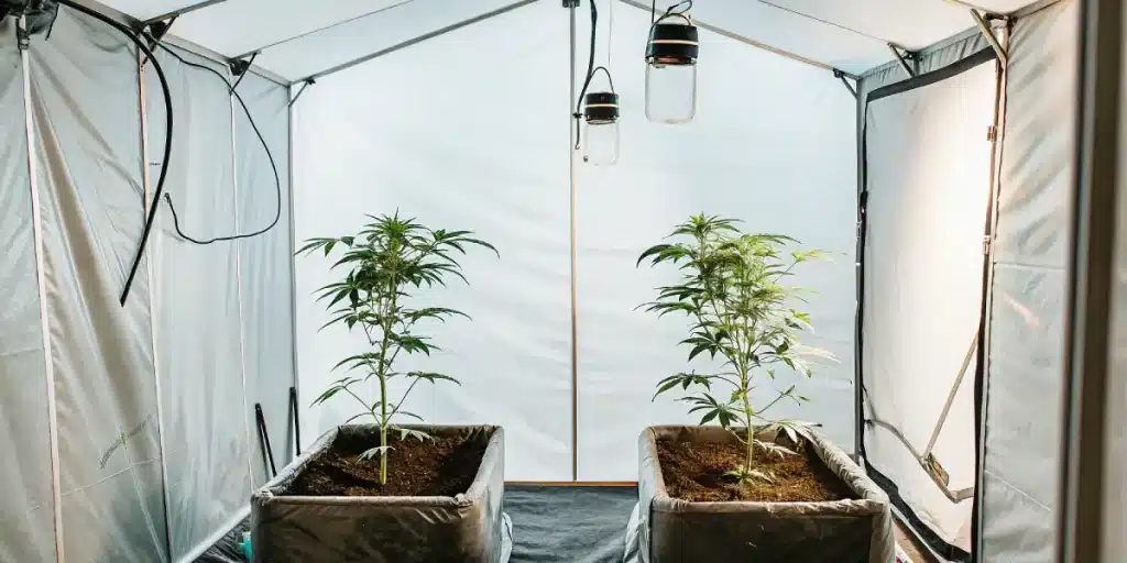 tente de culture indoor avec deux plantes de cannabis en pots en tissu