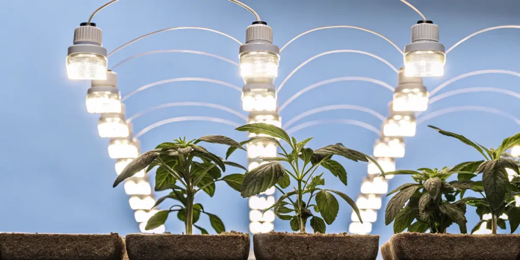 jeunes plants de cannabis sous éclairage LED en phase de croissance