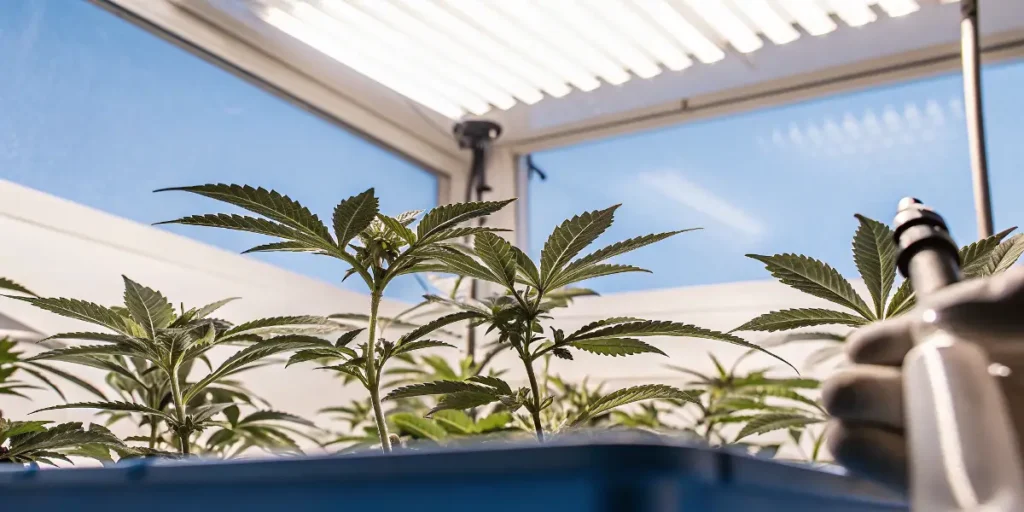jeunes plants de cannabis sous éclairage LED en serre