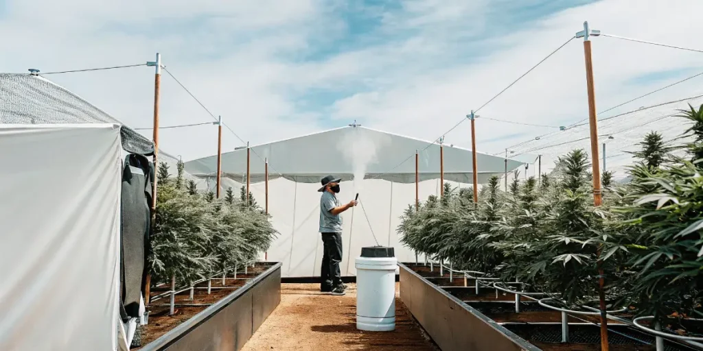 cultivateur arrosant une plantation de cannabis en extérieur avec système d’irrigation