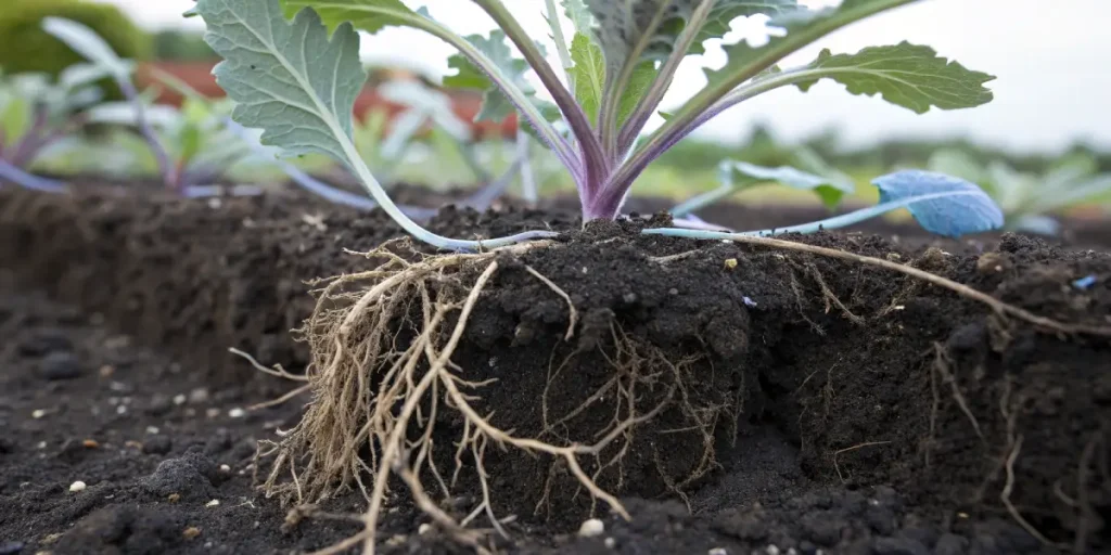 système racinaire d’une plante dans un sol fertile avec croissance visible